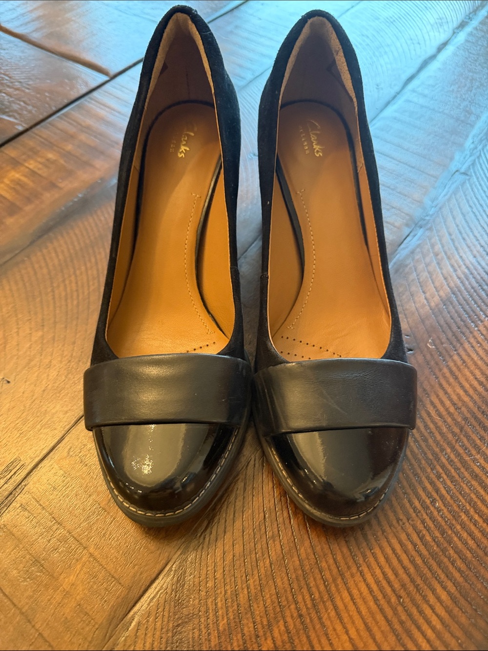 Clarks Black Suede Leather and Patent Cap-Toe Women's Heels